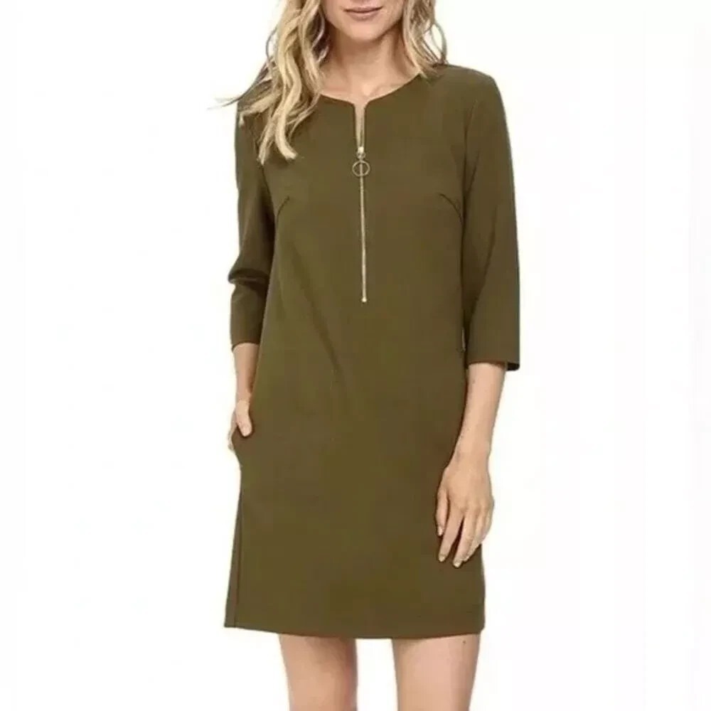 NWT Trina Turk Versed Olive Green Zip Front Stretch Shift Tunic Dress 0 XS $278